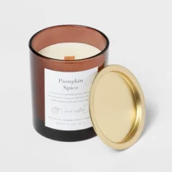 Clear Colored Glass With Woodwick And Brass Metal Inset Lid Pumpkin Spice - Threshold™ -Threshold Outdoor Deals Store GUEST 0f1ab2d8 1770 4918 b056 6328d597fa18